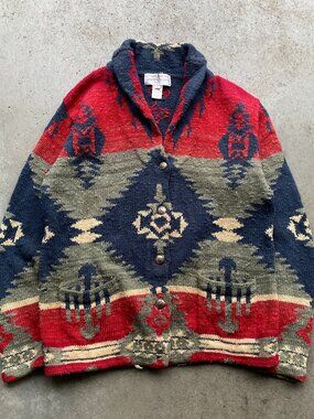 VTG Jones New York Hand Knit Cardigan Sweater Shawl Collar Aztec Pattern Size M